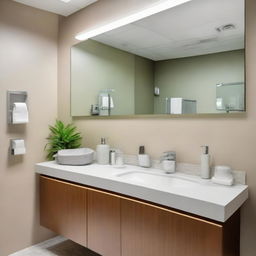 A tastefully designed bathroom in a dental clinic, featuring modern fixtures, bright lighting, a clean and uncluttered counter with a mirror, and hygiene essentials provided for patient comfort.