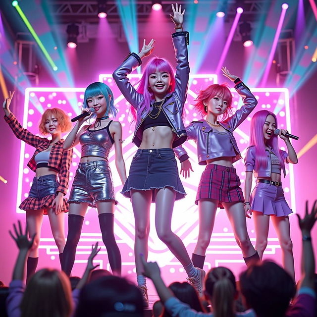 A vibrant scene featuring a 3D animated Japanese girl band called 'Watashi'
