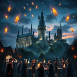 A captivating and magical scene showcasing the beginning of magic at Hogwarts, featuring the grand castle illuminated by the soft glow of twilight