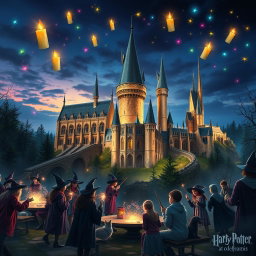 A captivating and magical scene showcasing the beginning of magic at Hogwarts, featuring the grand castle illuminated by the soft glow of twilight