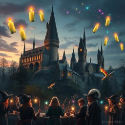 A captivating and magical scene showcasing the beginning of magic at Hogwarts, featuring the grand castle illuminated by the soft glow of twilight