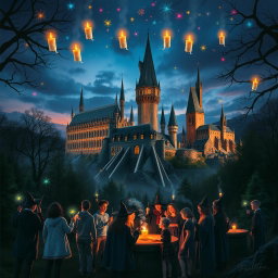 A captivating and magical scene showcasing the beginning of magic at Hogwarts, featuring the grand castle illuminated by the soft glow of twilight