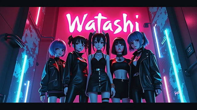 A striking dark poster featuring a 3D ANIME Japanese girl band named 'Watashi'