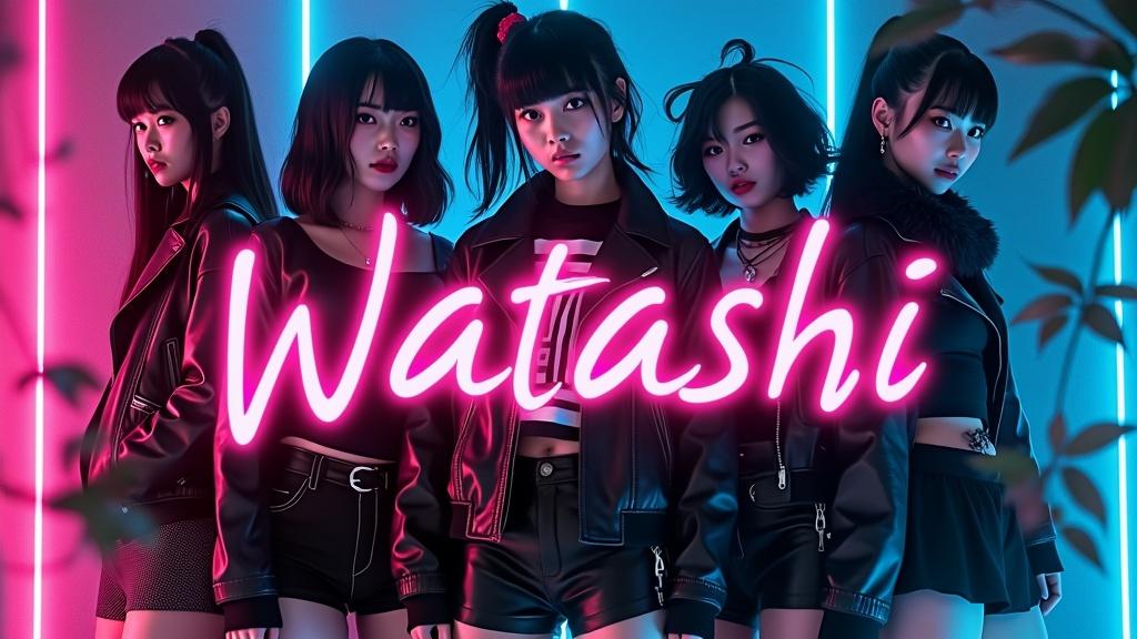A captivating dark poster featuring a 3D ANIME Japanese woman band named 'Watashi'