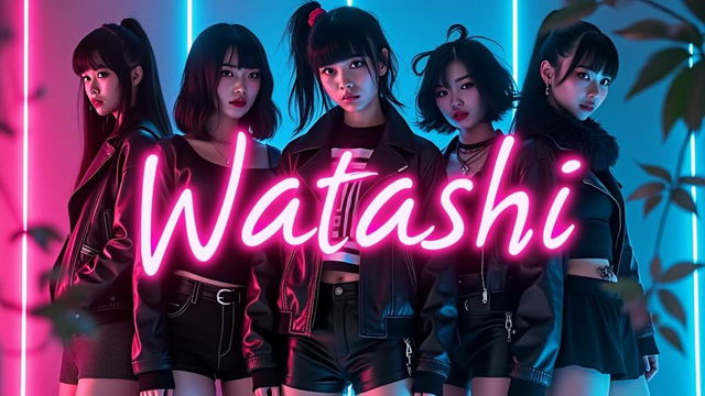 A captivating dark poster featuring a 3D ANIME Japanese woman band named 'Watashi'