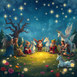 An enchanting fantasy scene depicting a harmonious gathering of various magical beings: ruxos (wizards), elves, dwarves, and magical creatures such as unicorns and griffins