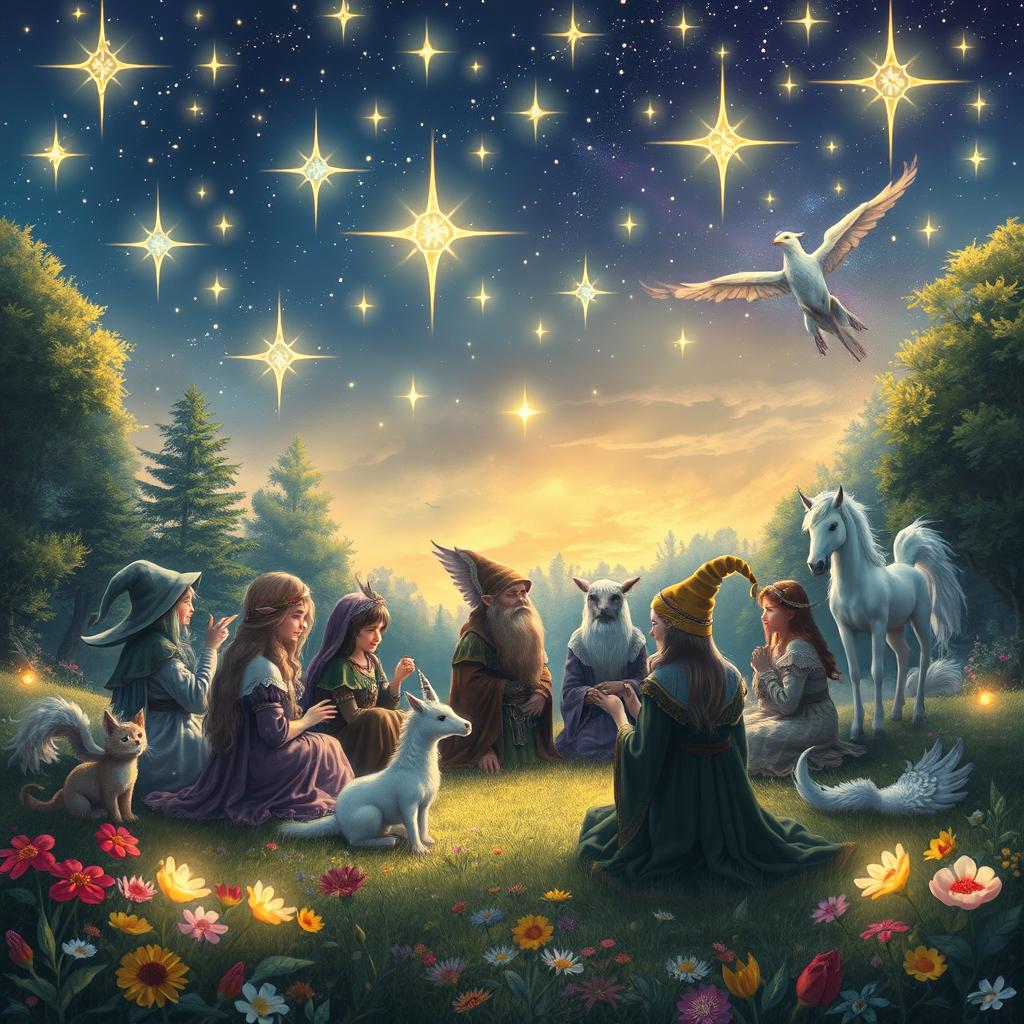 An enchanting fantasy scene depicting a harmonious gathering of various magical beings: ruxos (wizards), elves, dwarves, and magical creatures such as unicorns and griffins