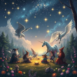 An enchanting fantasy scene depicting a harmonious gathering of various magical beings: ruxos (wizards), elves, dwarves, and magical creatures such as unicorns and griffins