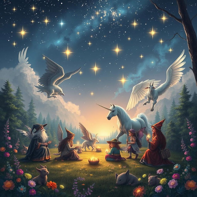 An enchanting fantasy scene depicting a harmonious gathering of various magical beings: ruxos (wizards), elves, dwarves, and magical creatures such as unicorns and griffins