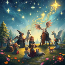 An enchanting fantasy scene depicting a harmonious gathering of various magical beings: ruxos (wizards), elves, dwarves, and magical creatures such as unicorns and griffins
