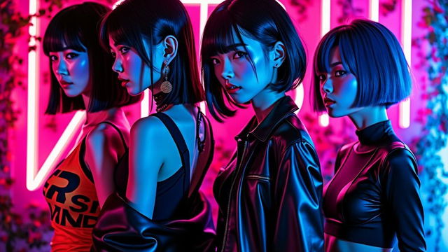 A visually striking dark poster featuring a 3D ANIMATED STYLE Japanese woman band named 'Watashi'