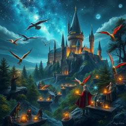 A vibrant fantasy scene illustrating the harmonious coexistence of ruxos (wizards), elves, dwarves, and enchanting magical creatures under the serene gaze of the Ancient Stars