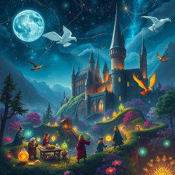 A vibrant fantasy scene illustrating the harmonious coexistence of ruxos (wizards), elves, dwarves, and enchanting magical creatures under the serene gaze of the Ancient Stars