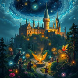 A vibrant fantasy scene illustrating the harmonious coexistence of ruxos (wizards), elves, dwarves, and enchanting magical creatures under the serene gaze of the Ancient Stars