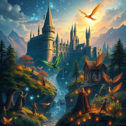 A vibrant fantasy scene illustrating the harmonious coexistence of ruxos (wizards), elves, dwarves, and enchanting magical creatures under the serene gaze of the Ancient Stars