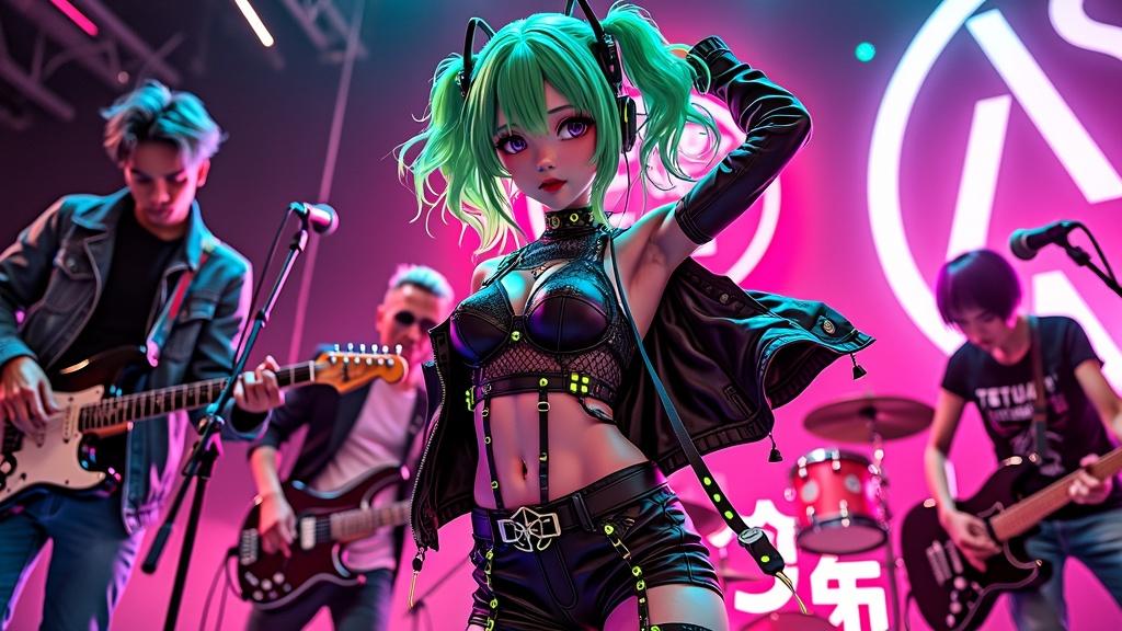 A vibrant 3D anime style poster featuring a Japanese woman in a dynamic band setting named 'Watashi'