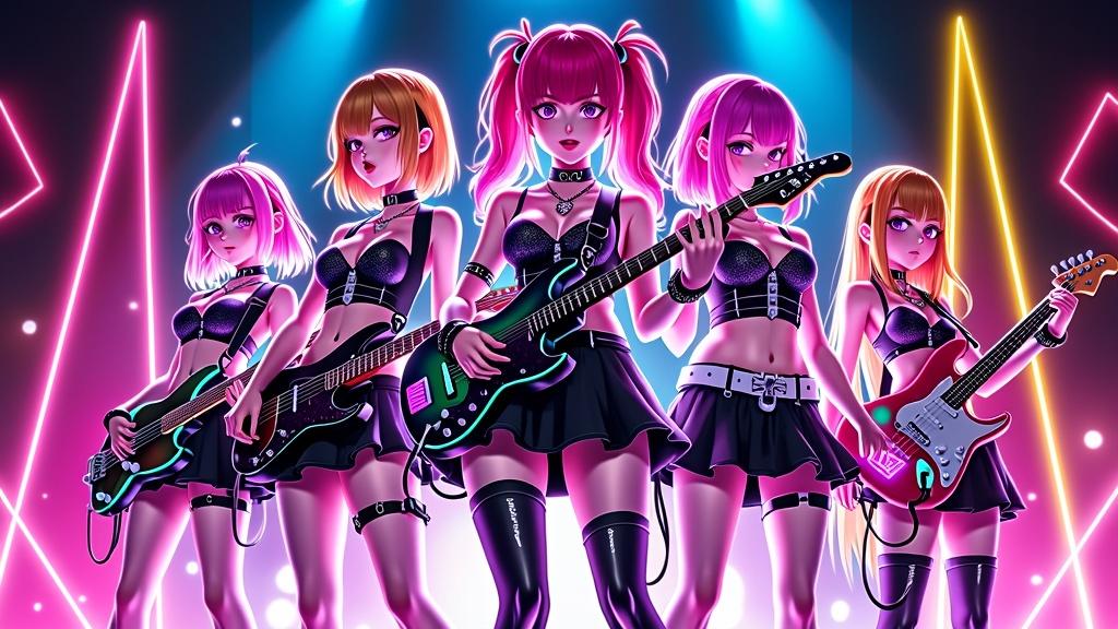 A vibrant 3D anime style poster featuring an all-female band named 'Watashi'