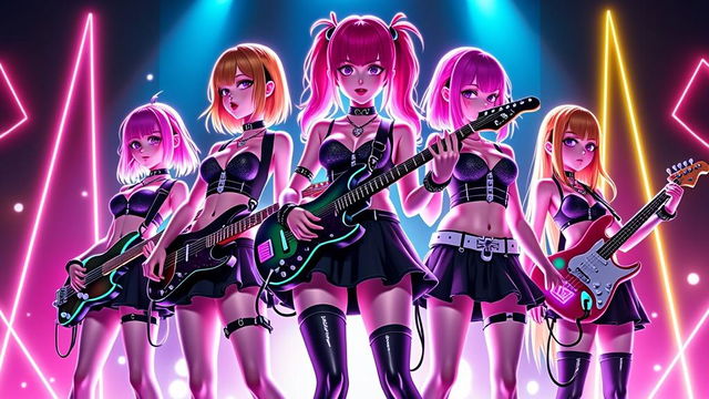 A vibrant 3D anime style poster featuring an all-female band named 'Watashi'