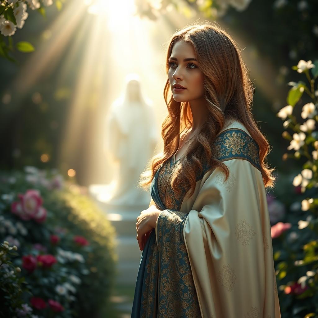 A stunning, serene depiction of Maria Magdalena in a classical style, capturing a moment of ethereal beauty during the 'Noli me Tangere' scene