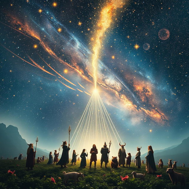 A breathtaking cosmic scene illustrating the concept of stars as threads in the grand loom of time, weaving together the fabric of reality