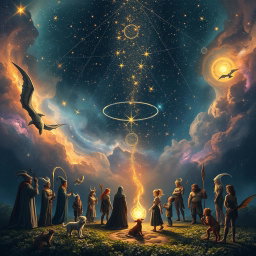 A breathtaking cosmic scene illustrating the concept of stars as threads in the grand loom of time, weaving together the fabric of reality