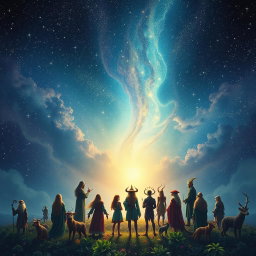 A breathtaking cosmic scene illustrating the concept of stars as threads in the grand loom of time, weaving together the fabric of reality
