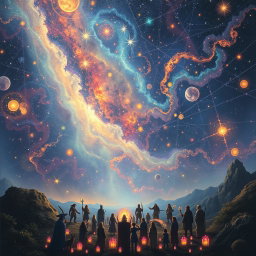 A captivating cosmic scene where each star in the sky is depicted as a vibrant thread in the grand loom of time, weaving together the complex fabric of reality