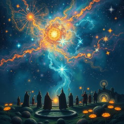A captivating cosmic scene where each star in the sky is depicted as a vibrant thread in the grand loom of time, weaving together the complex fabric of reality