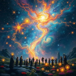 A captivating cosmic scene where each star in the sky is depicted as a vibrant thread in the grand loom of time, weaving together the complex fabric of reality