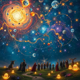 A captivating cosmic scene where each star in the sky is depicted as a vibrant thread in the grand loom of time, weaving together the complex fabric of reality