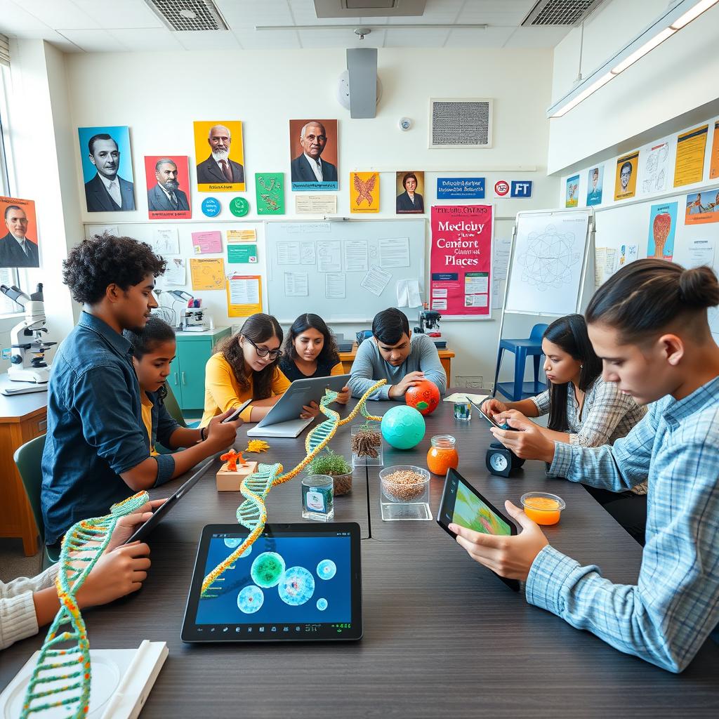 A modern classroom setting focused on biology education, showcasing various concretization tools such as models of DNA strands, interactive cells, and anatomical charts