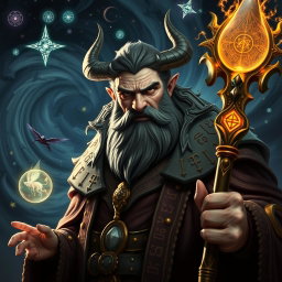 A striking portrait of Morgrim, a powerful wizard with a piercing gaze and a confident demeanor, set against a dramatic backdrop of swirling magical energies