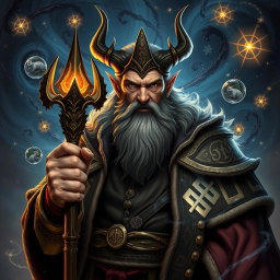 A striking portrait of Morgrim, a powerful wizard with a piercing gaze and a confident demeanor, set against a dramatic backdrop of swirling magical energies