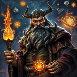 A striking portrait of Morgrim, a powerful wizard with a piercing gaze and a confident demeanor, set against a dramatic backdrop of swirling magical energies