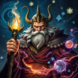 A striking portrait of Morgrim, a powerful wizard with a piercing gaze and a confident demeanor, set against a dramatic backdrop of swirling magical energies