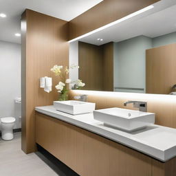 A tastefully designed bathroom in a dental clinic, featuring modern fixtures, bright lighting, a clean and uncluttered counter with a mirror, and hygiene essentials provided for patient comfort.