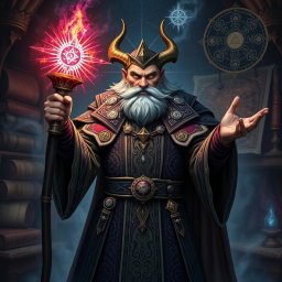 A powerful portrait of Morgrim, an ambitious wizard with a sharp intellect and a commanding presence