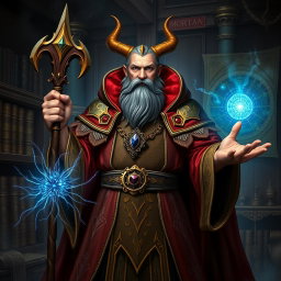 A powerful portrait of Morgrim, an ambitious wizard with a sharp intellect and a commanding presence