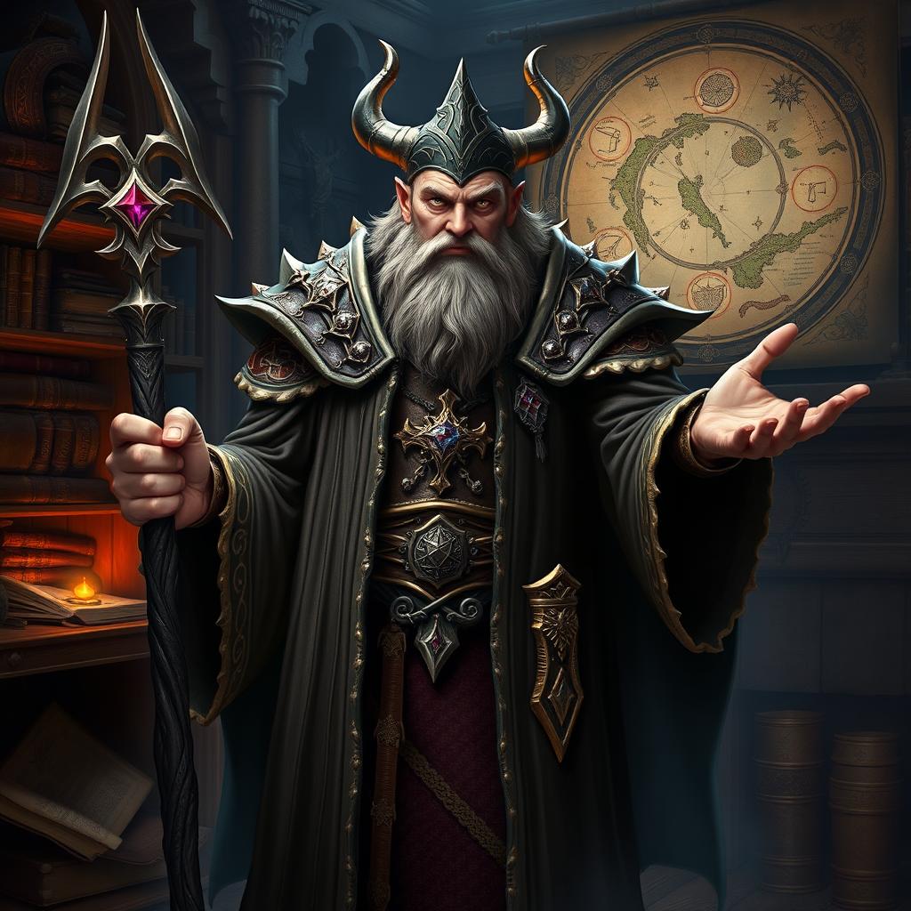 A powerful portrait of Morgrim, an ambitious wizard with a sharp intellect and a commanding presence