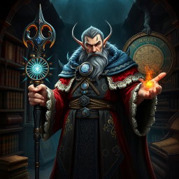 A powerful portrait of Morgrim, an ambitious wizard with a sharp intellect and a commanding presence
