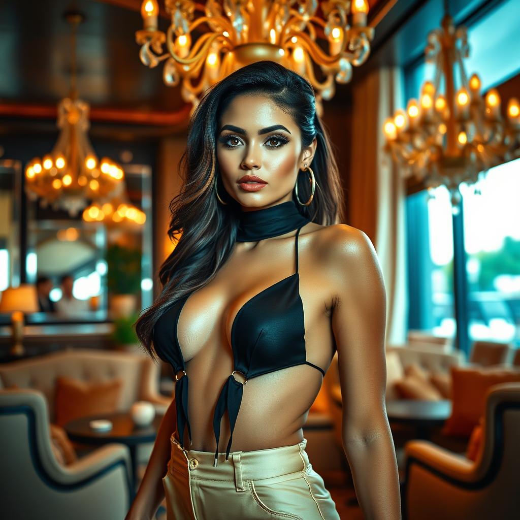 A vibrant and lively adult scene depicting a beautiful woman in a luxurious setting, showcasing modern lifestyle and opulence