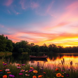 A serene landscape featuring a vibrant sunset over a tranquil lake, surrounded by lush green trees and colorful wildflowers in the foreground