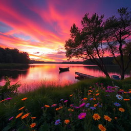 A serene landscape featuring a vibrant sunset over a tranquil lake, surrounded by lush green trees and colorful wildflowers in the foreground