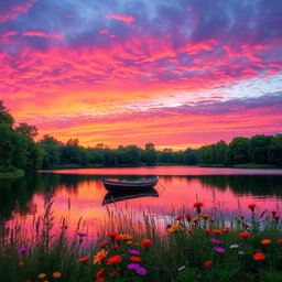 A serene landscape featuring a vibrant sunset over a tranquil lake, surrounded by lush green trees and colorful wildflowers in the foreground
