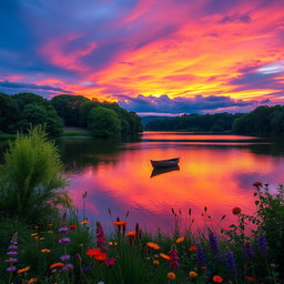 A serene landscape featuring a vibrant sunset over a tranquil lake, surrounded by lush green trees and colorful wildflowers in the foreground