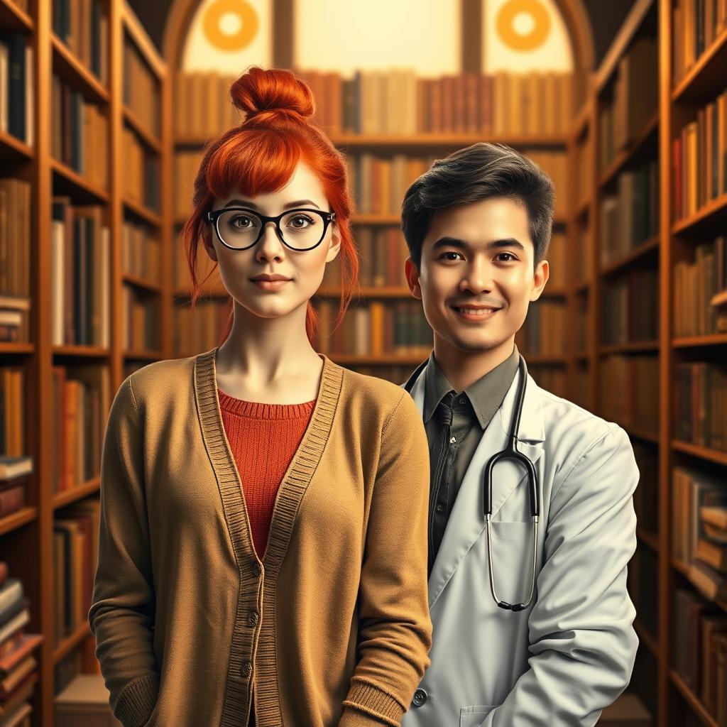 A captivating book cover featuring a vibrant red-haired librarian and a charming doctor, with no text or writing on the cover