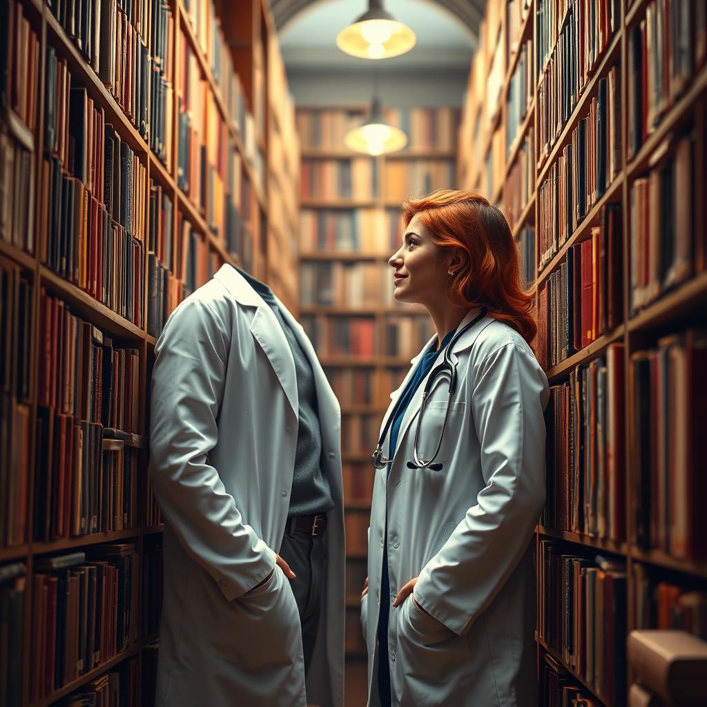 A captivating book cover featuring a beautiful red-haired female librarian standing gracefully among towering bookshelves filled with books
