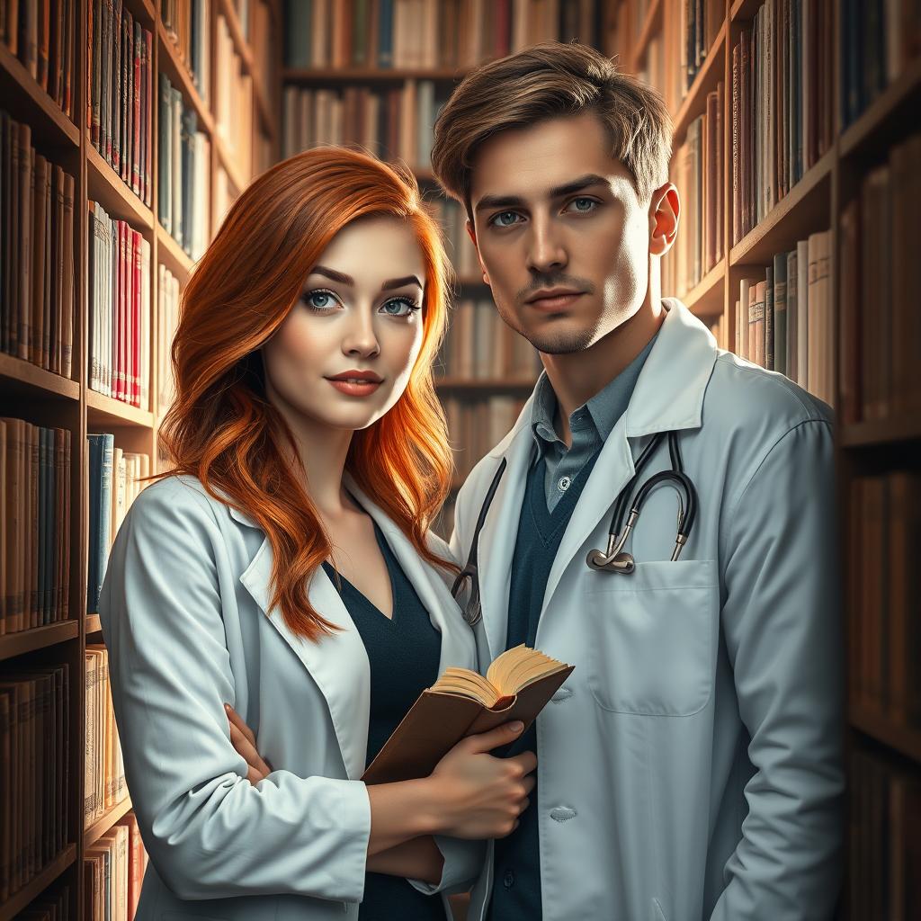A beautiful book cover featuring a lovely red-haired female librarian immersed in a library filled with books