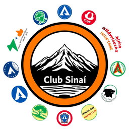 A circular logo design featuring a detailed illustration of Mount Sinai at the center of the circle