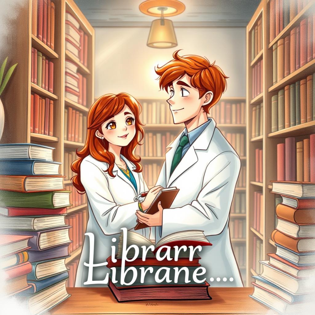 An enchanting book cover illustrated in a captivating drawing style for a book featuring a red-haired librarian and a doctor